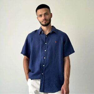 Vintage 90s Men Polo Ralph Lauren SILK LINEN Polo Button-up Shirt Navy Size L